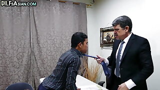 Office Japanese twink enjoys DILF anal with milky businessman