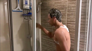 Jock Ambling in to Take a Shower While Being Recorded